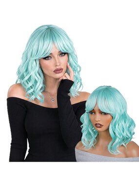 Women's GREEN Shoulder Ombre Bob Party Wig with Bangs Short Curly Synthetic